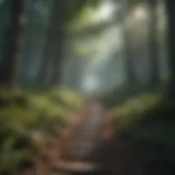 A serene landscape with a path leading through a tranquil forest