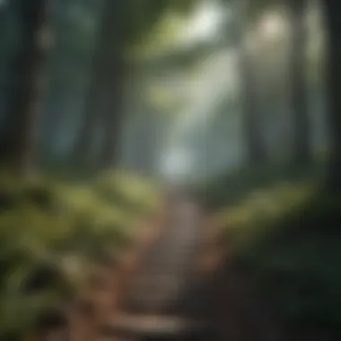 A serene landscape with a path leading through a tranquil forest