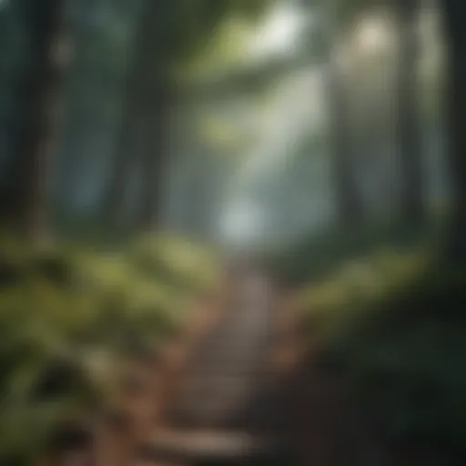A serene landscape with a path leading through a tranquil forest