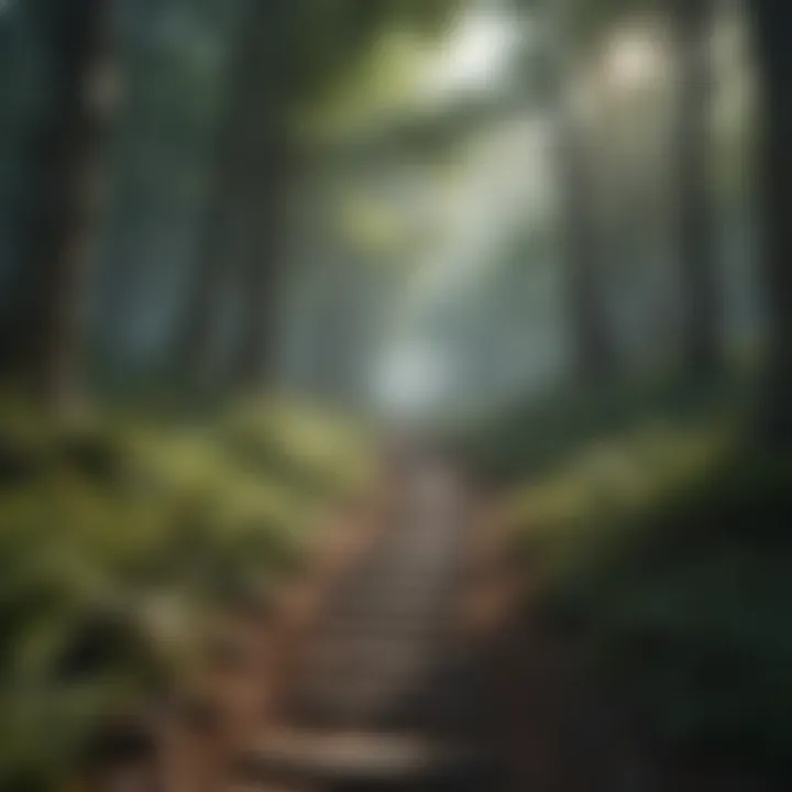 A serene landscape with a path leading through a tranquil forest