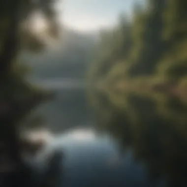 A serene landscape with a tranquil lake reflecting the sky