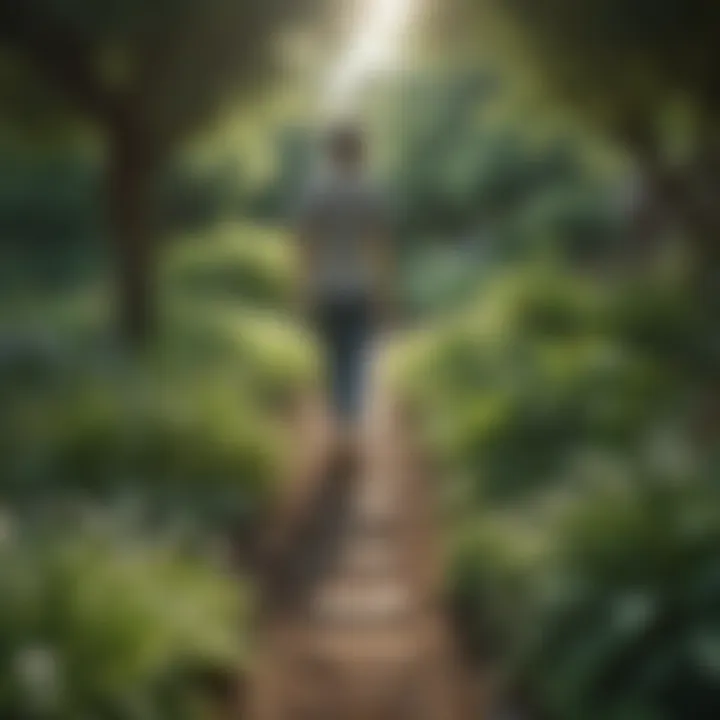 A tranquil setting featuring a person practicing mindful walking in a garden