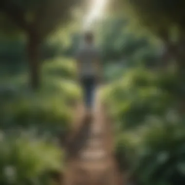 Cultivating Calm in a Garden A tranquil setting featuring a person practicing mindful walking in a garden
