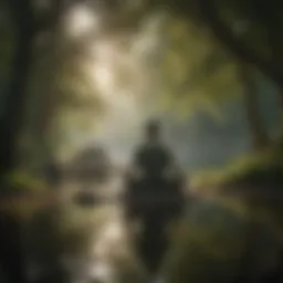 A tranquil nature scene with a person meditating by a serene lake