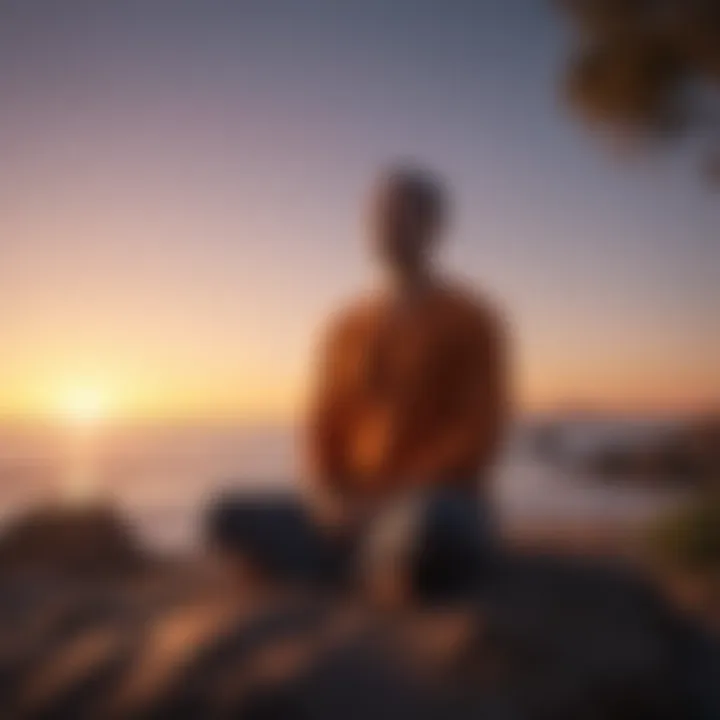 Calm person meditating at sunset