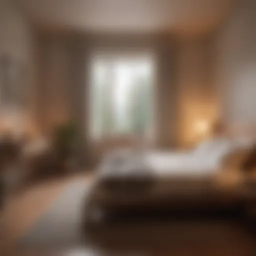 A serene bedroom setting with soft lighting, perfect for meditation.