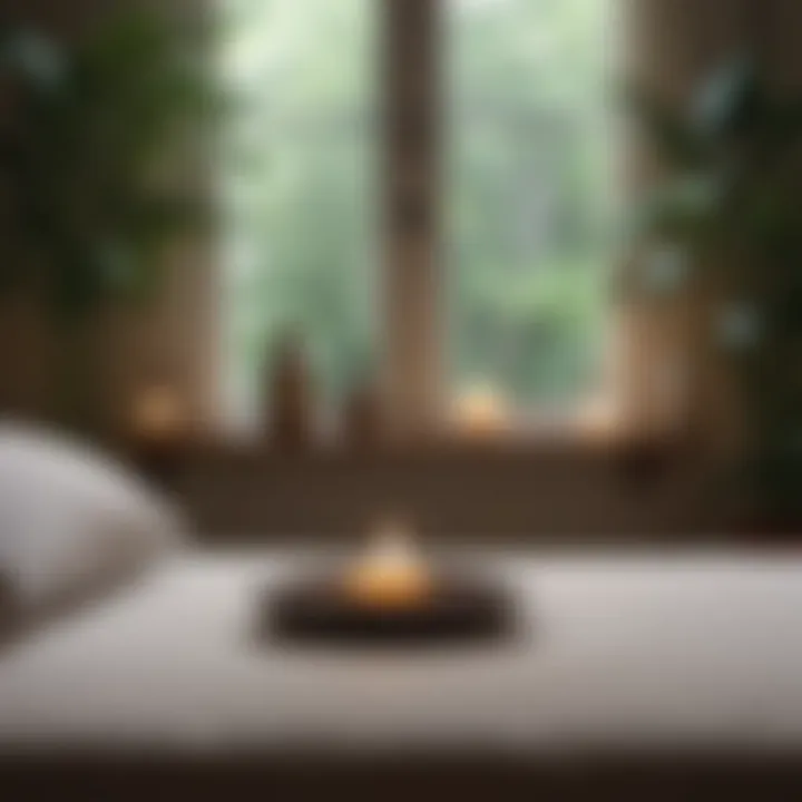A tranquil scene with calming elements like plants and candles.