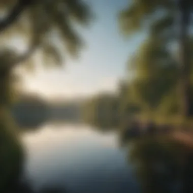 Tranquility at the Lake A serene landscape showcasing a calm lake surrounded by lush trees