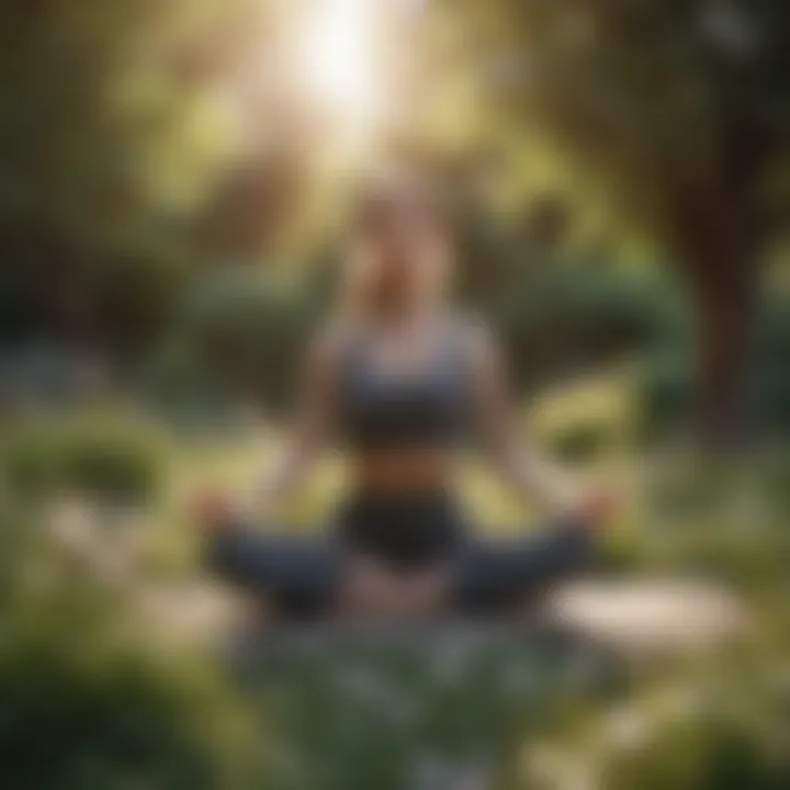 A peaceful yoga setting in a quiet garden filled with blooming flowers