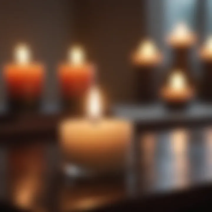 Close-up of a lit candle on a meditation altar