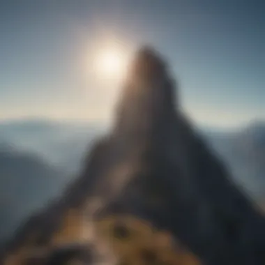 Reaching New Heights A mountain peak basking in sunlight, illustrating triumph over challenges.