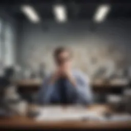 A person pondering over their career choices amidst a backdrop of chaotic office elements.