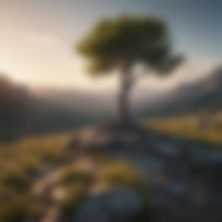 A serene landscape with a single tree standing tall against the horizon