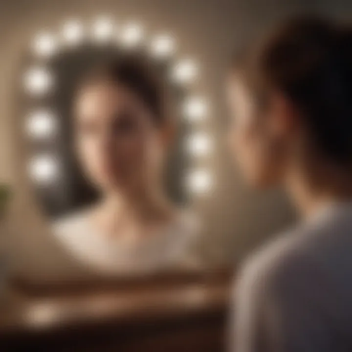 A contemplative woman gazing at her reflection in a mirror, symbolizing self-perception.