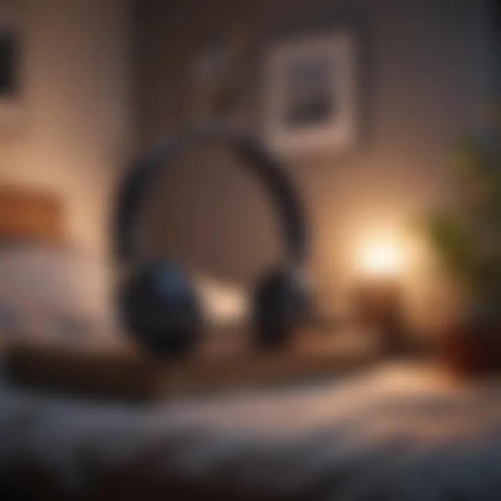 Cozy bedroom setting with headphones and a book