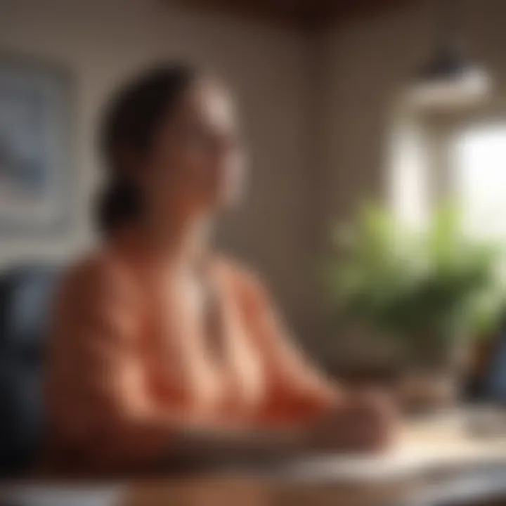 A calm individual meditating at a desk, symbolizing stress management and inner peace