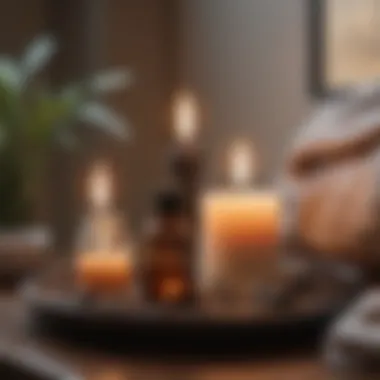 An arrangement of essential oils and candles for relaxation
