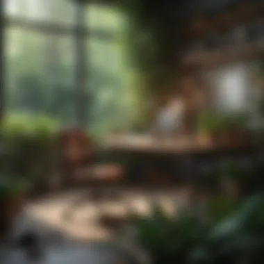 An organized workspace filled with greenery