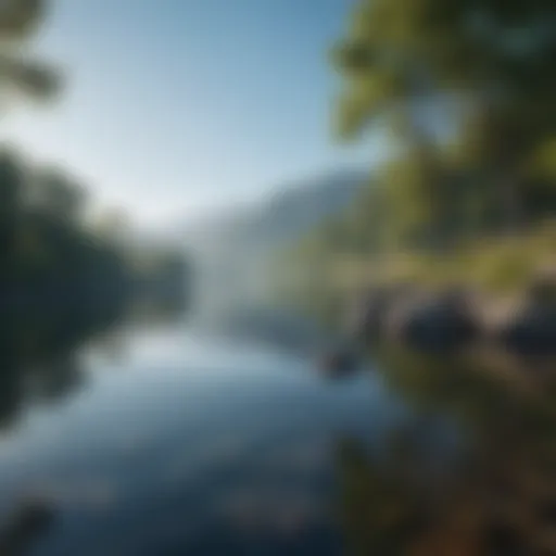 A serene landscape with calm waters reflecting a clear blue sky