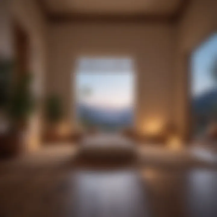 Meditative space with soft lighting and cushions