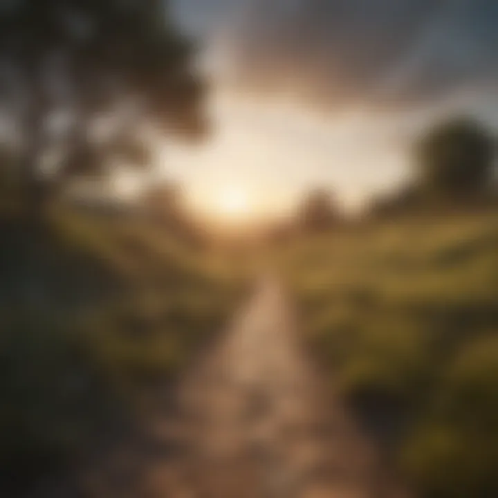 A serene landscape depicting a path leading towards a brighter horizon