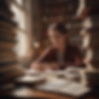 Journey of Reflection and Discovery A thoughtful individual surrounded by books and notes, symbolizing reflection.