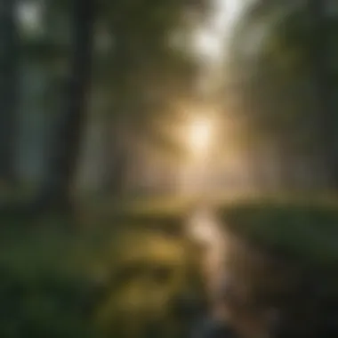 Serene landscape with soft light filtering through trees
