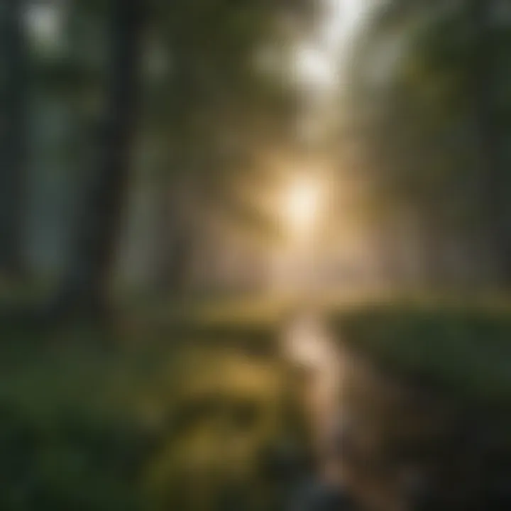 Serene landscape with soft light filtering through trees