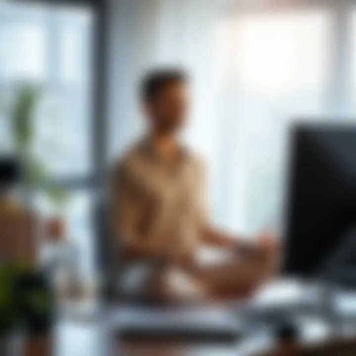 Meditation Techniques for Stress Management An individual practicing meditation at a work desk