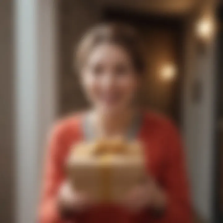 A person smiling while receiving a surprise gift at their doorstep.
